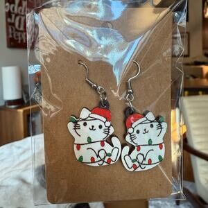 Whimsical Santa Hat Christmas Cat J Hook Drop Earrings Red White Gift